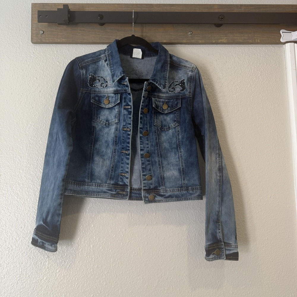 Venus Denim Jacket Womens 10 Blue Stretch Embellished Rhinestone Studded Bling